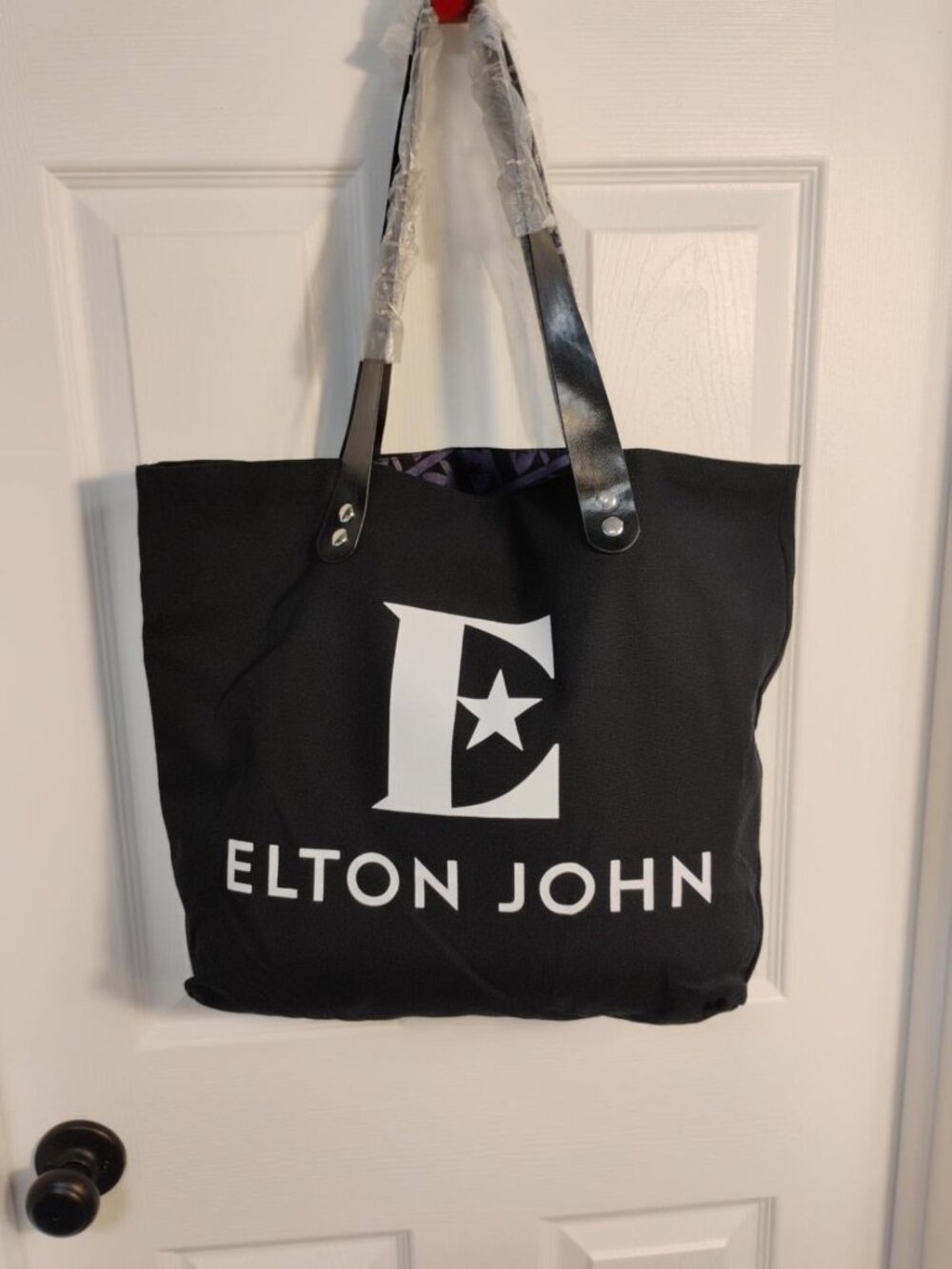 Elton John Logo Black Tote Bag Purple Lined Music Memorabilia